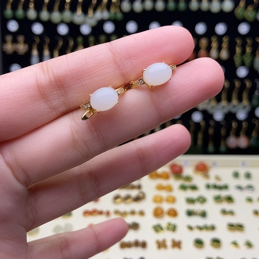 和田玉银S925镶嵌耳饰