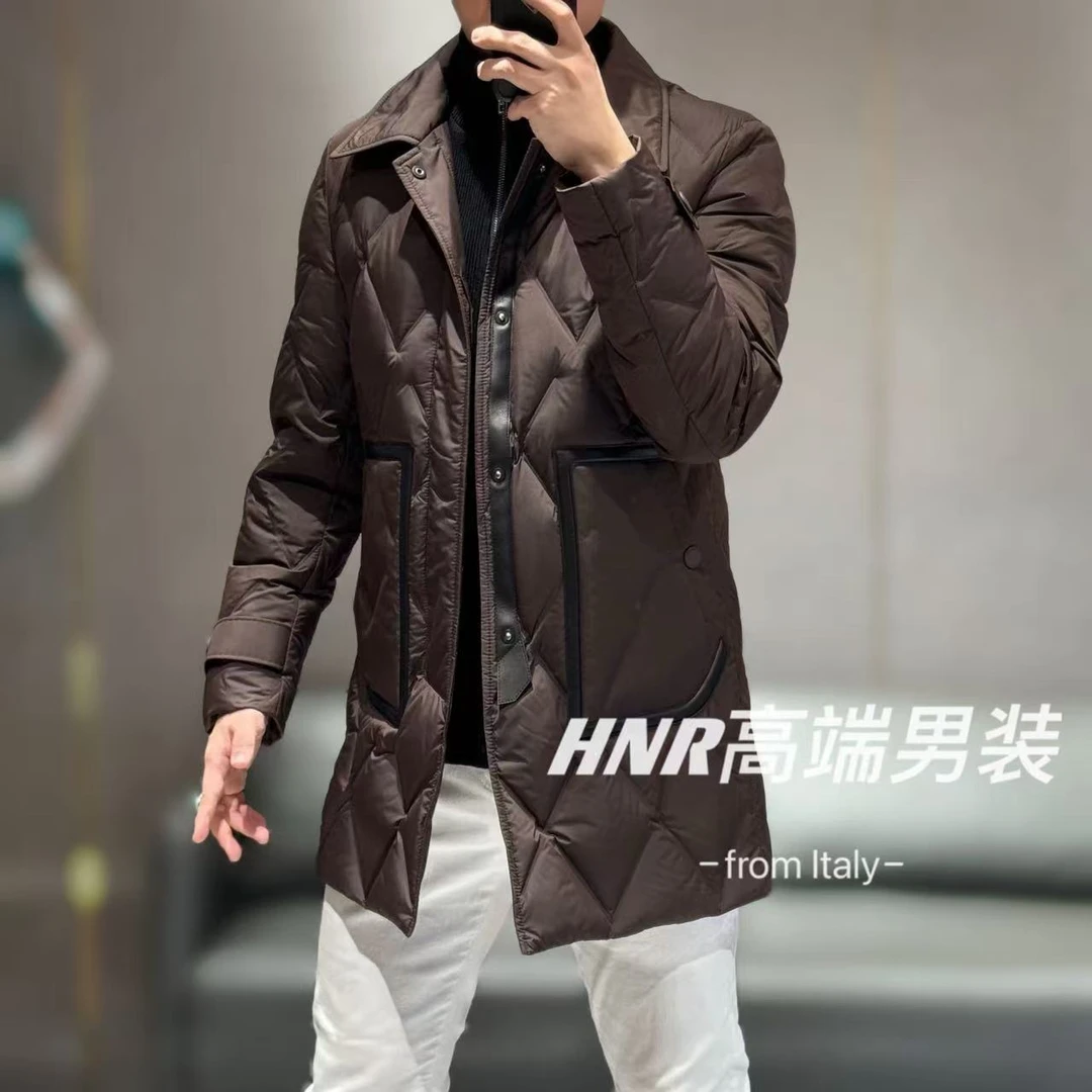 【真皮拼接羽绒服】可拆卸内领菱形图案简约时尚百搭羽绒服82805