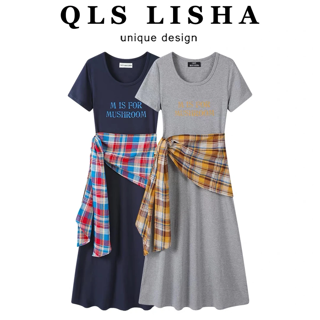 300斤大码假两件格子短袖连衣裙女设计感减龄绝美巨好看的小裙子