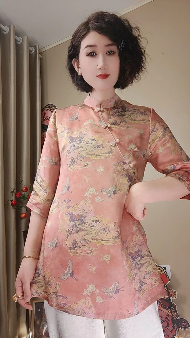 桃粉少女新中式国风上衣中长款显瘦夏季凉快高档