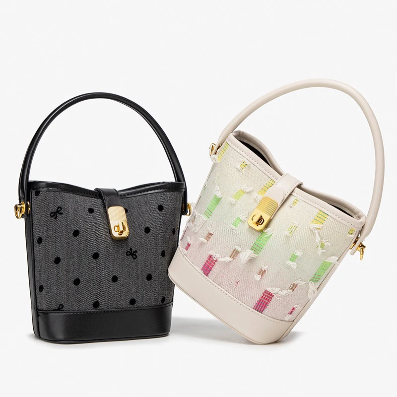 锁扣拉链暗袋水桶包拼接斜挎包潮流印花单肩小众女士