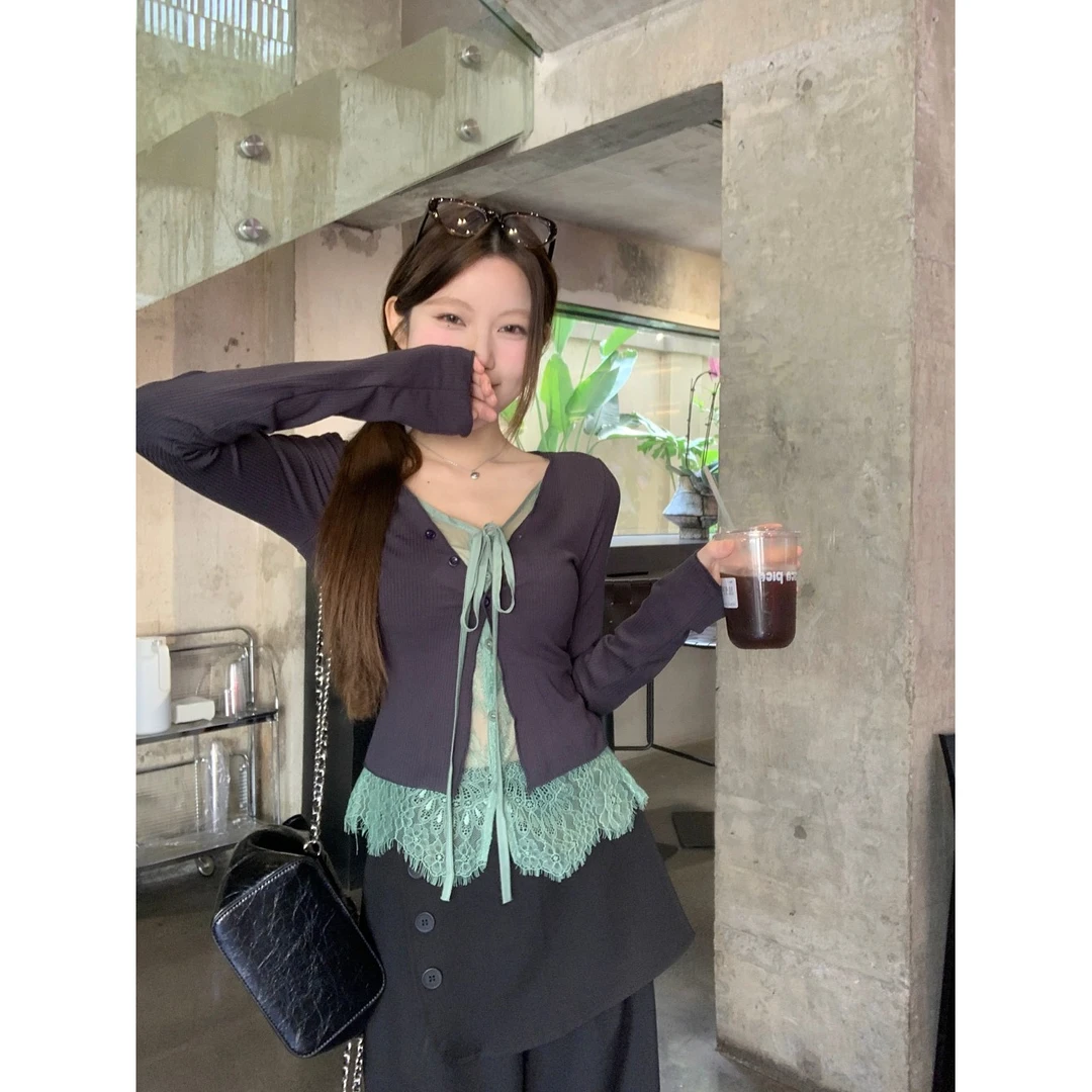 春季新品蕾丝拼接针织开衫假两件长袖上衣女