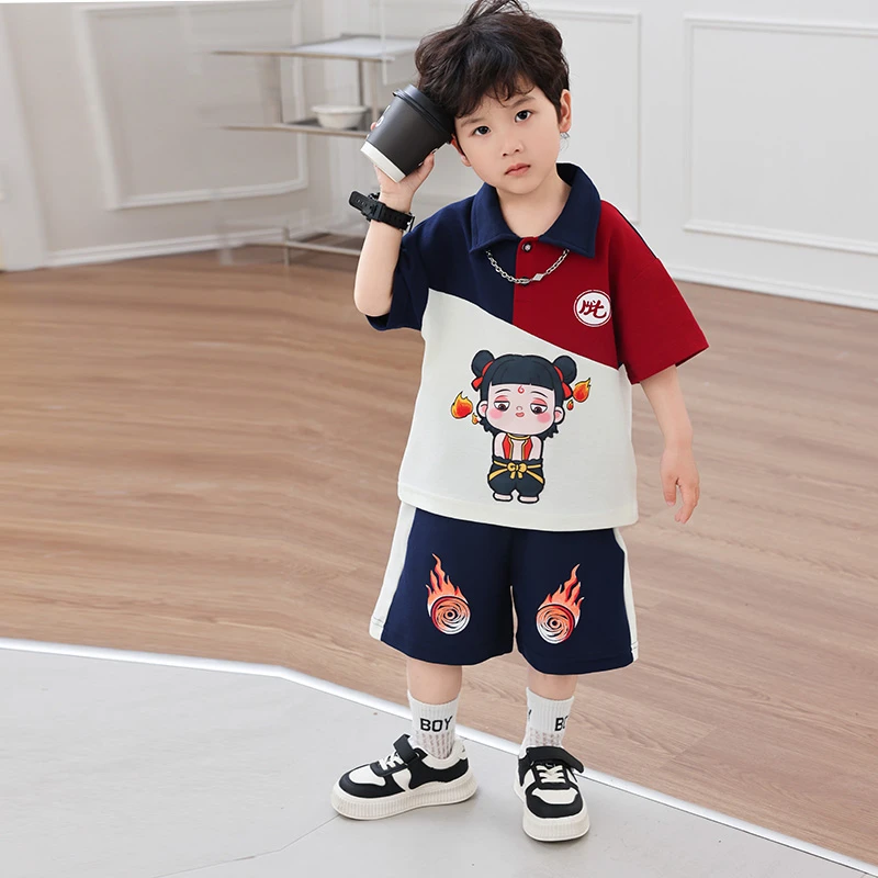 哪吒套装男童夏装网红短袖polo儿童服装2025新款宝宝夏季帅气潮服