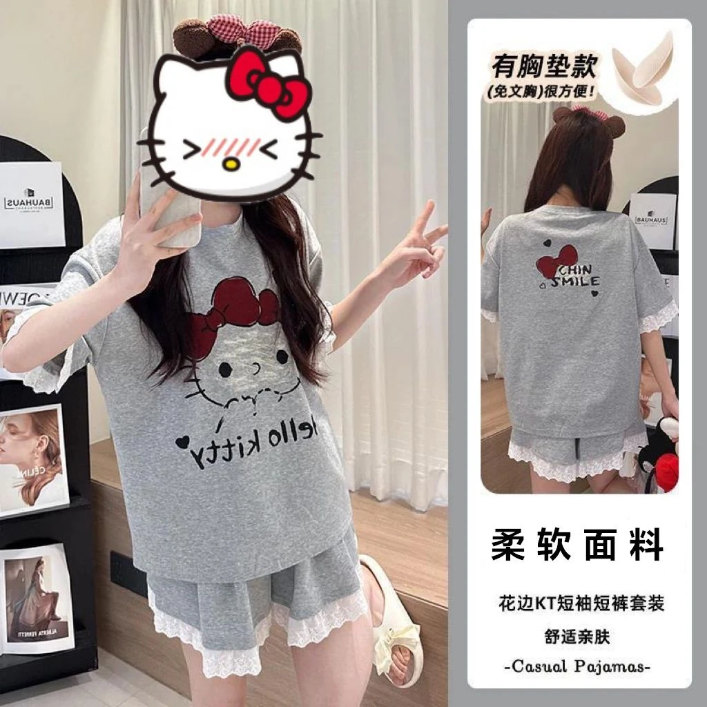 2025带胸垫睡衣女夏季新款短袖长裤高颜值KT猫女孩高级家居服套装