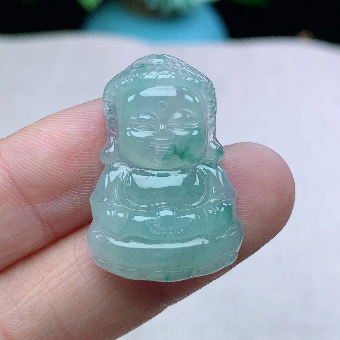缅甸天然翡翠A货29.7-20.3-5.4玉石冰种飘花宝宝佛吊坠礼物