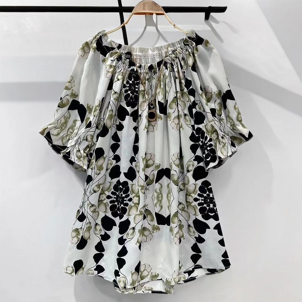 复古文艺一字肩上衣2025夏季新款气质宽松显瘦时尚印花雪纺衫爆款