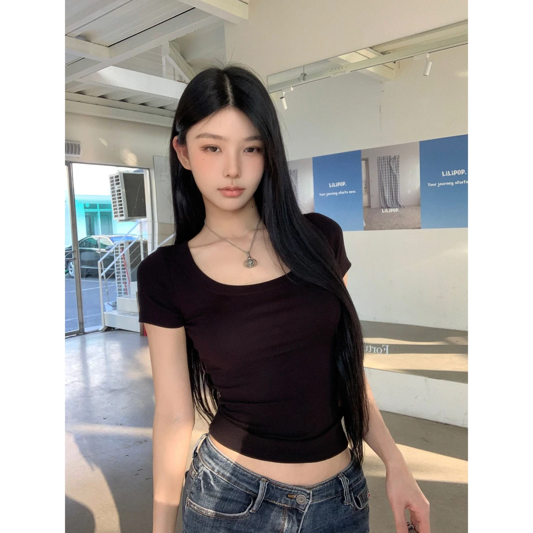 百搭粉色短袖T恤黑色女夏季辣妹修身显瘦短款露脐u领上衣ins潮