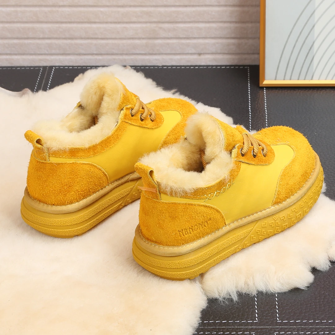 系带纯羊毛雪地靴女冬皮毛一体真皮厚底低帮加绒加厚短款棉鞋平底