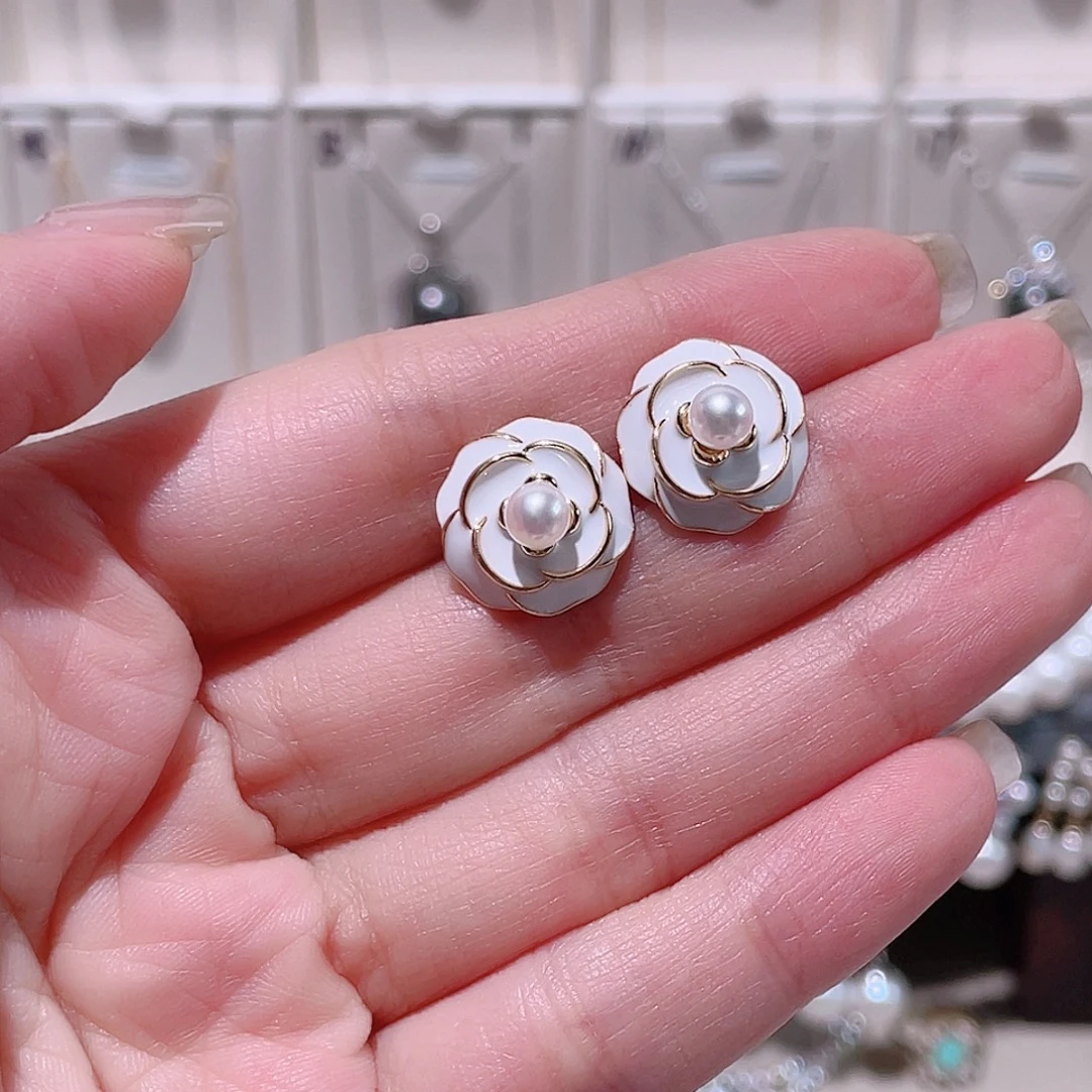 颈饰淡水珍珠银S925镶嵌白色山茶花耳钉