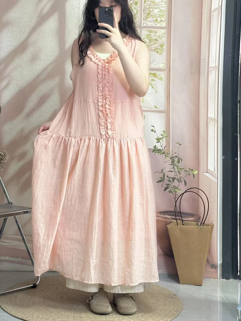 木耳边V领无袖显瘦气质百搭芍药裙法式温柔连衣裙