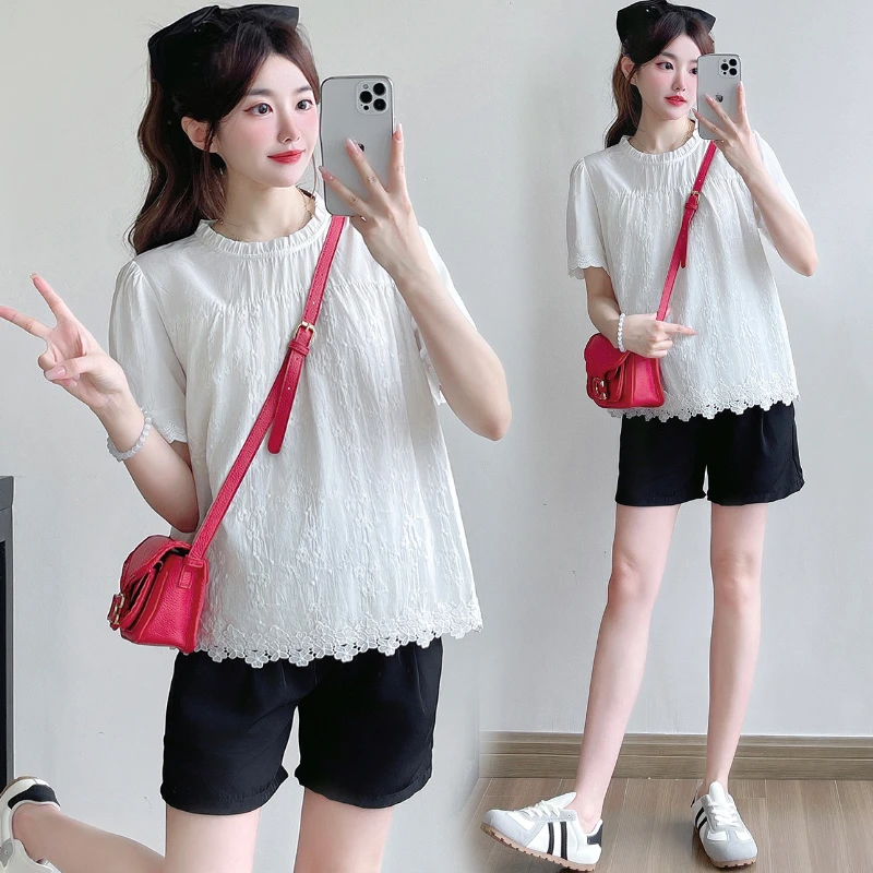 孕妇装套装夏装蕾丝拼接甜美花边领短袖娃娃衫上衣+短裤两件套