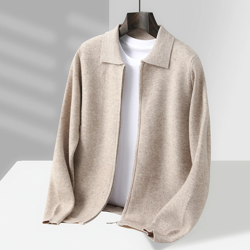 秋冬新款100纯羊毛男士POLO领拉链开衫毛衣休闲针织羊毛外套