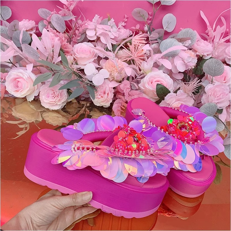 P2082欧美设计师2025春夏新款夹脚重工钉珠流苏亮片厚底时尚拖鞋