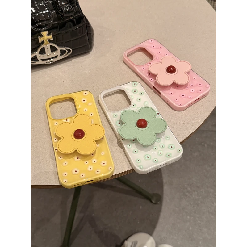 Ins风高级感花朵支架褶皱壳适用苹果16/15/14/13全包防摔手机壳