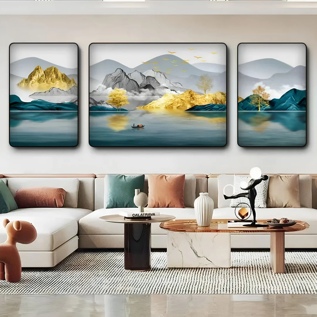 升级新工艺山水客厅背景墙高档富水金山客厅三联挂画捡漏
