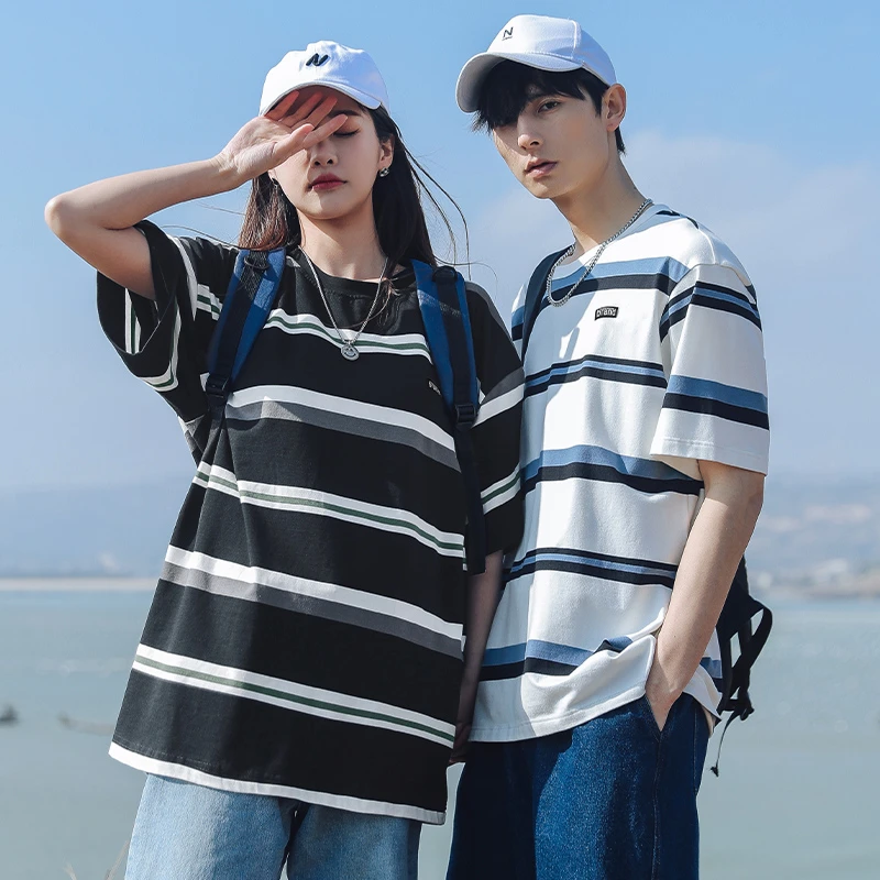 2025夏季新款条纹短袖男女款潮牌高街痞帅潮流高级感圆领宽松短袖