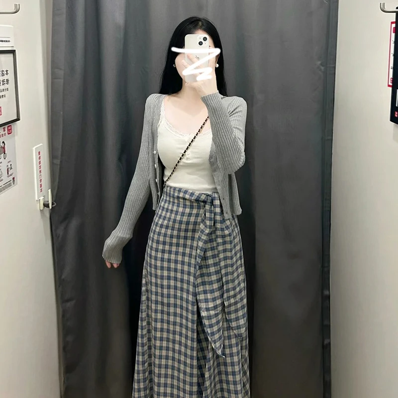 5346法式格子半身连衣裙子女春季2025新款一整套入春穿搭长裙套装