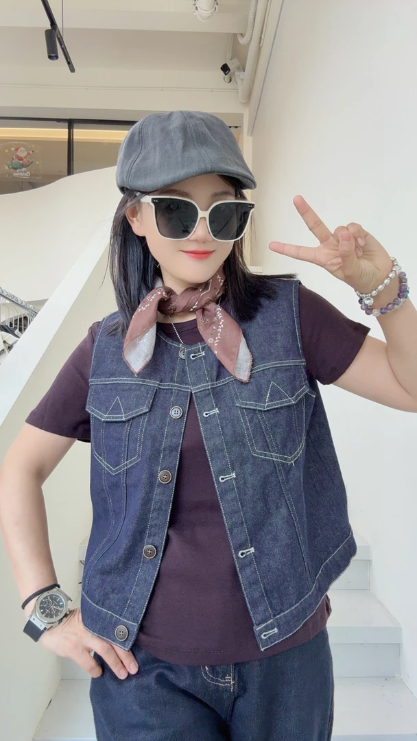 【摩姐姐欧韩】1802秋季新款明线设计配丝巾宽松百搭牛仔马甲