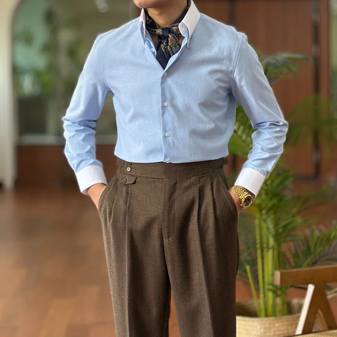 法式拼色大尖领男士长袖衬衫商务休闲绅士衬衣复古潮流