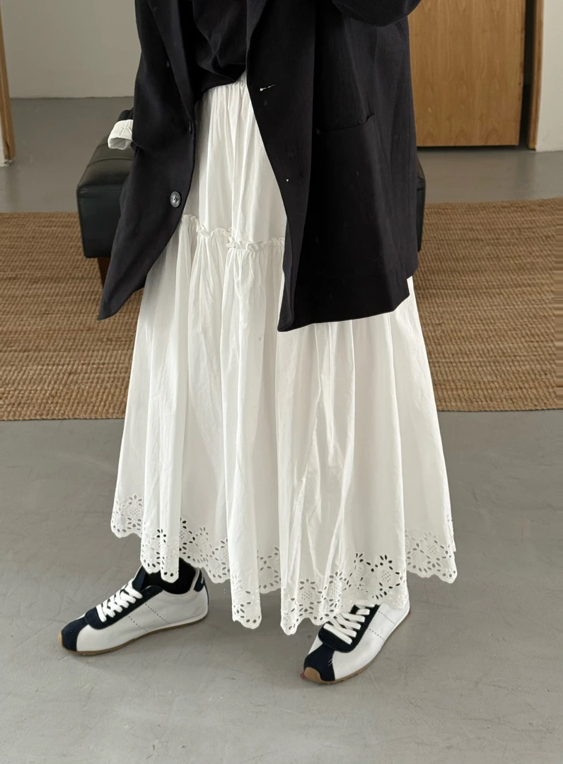 耶耶 YEYE |花边系带棉质A字裙中长裙质感百搭显瘦松紧腰6281