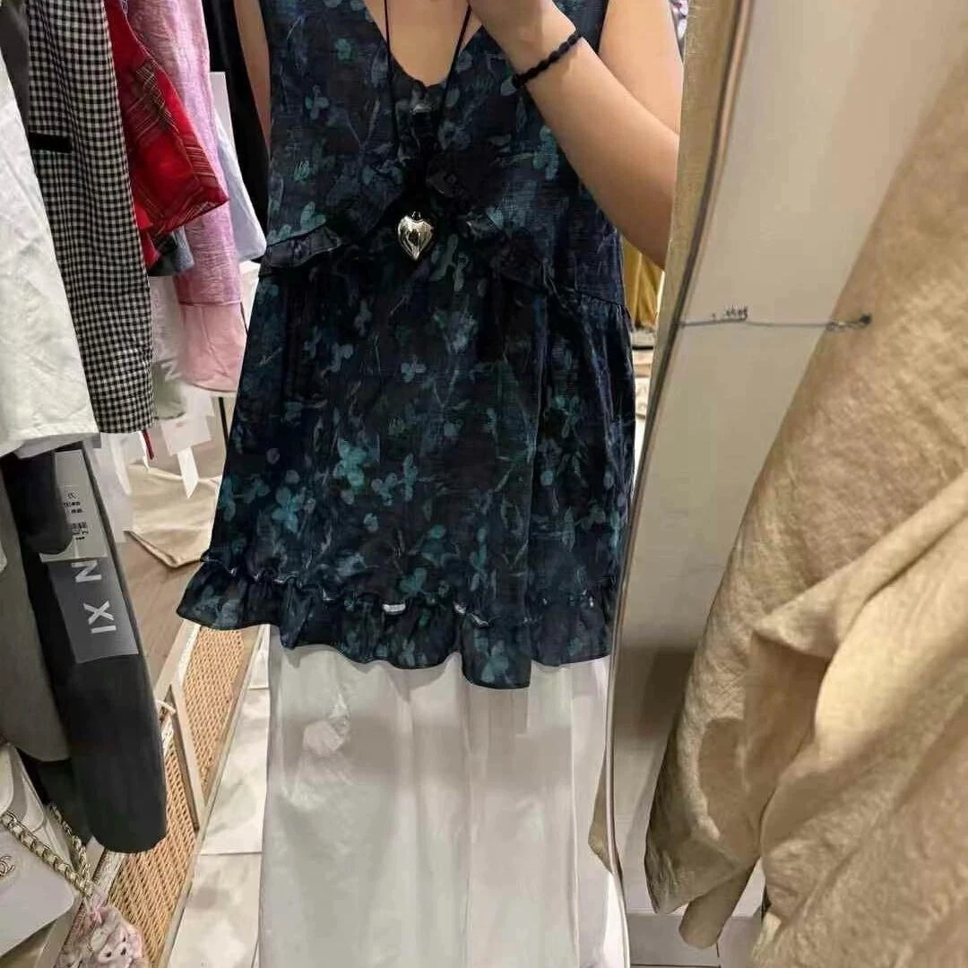 拼接木耳边无袖度假风衬衫99686