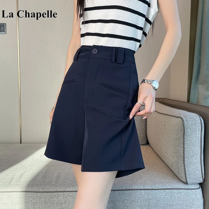 拉夏贝尔黑色西装五分休闲裤夏季短裤女小个子高腰a字直筒阔腿裤