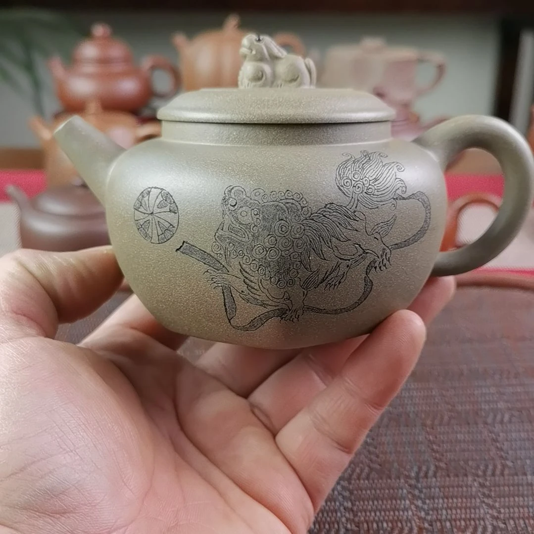 紫砂茶壶青段六方狮球300CC国工孤品