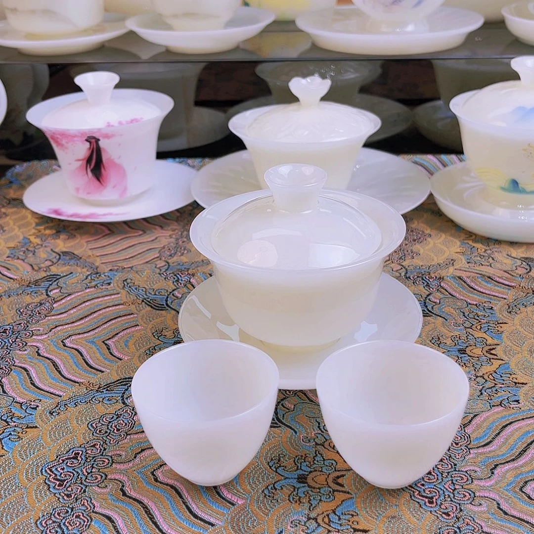 盖碗瓷高档皙白玉瓷小元宝盖碗加客杯2个