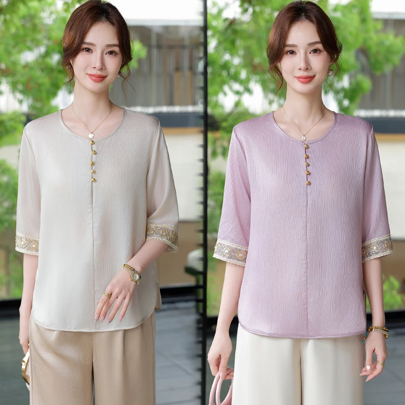 新款夏季中袖时尚妈妈装绣花衬衫中老年薄款t恤国风薄款打底女装