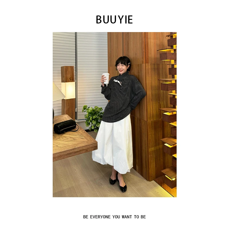 BUUYIE 25SS【旧曾】春夏新款条纹立领宽松长袖T恤 250380
