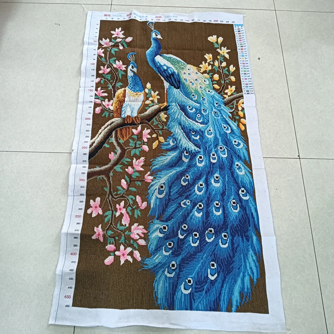 纯手工绣好的十字绣成品孔雀新款竖版满绣客厅餐厅玄关走廊装饰画