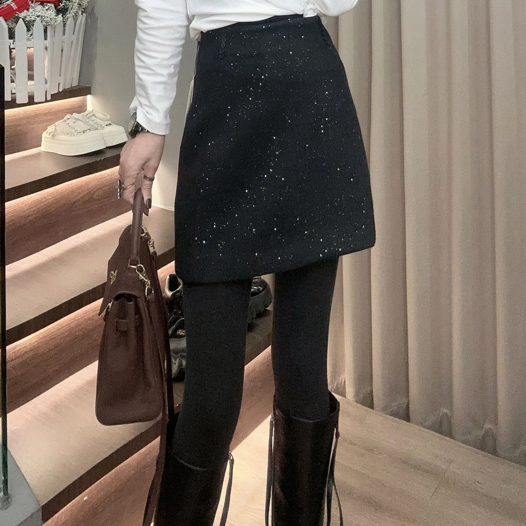 【YUANJIE】欧货亮片羊毛呢半身裙女冬新款短裙高腰显瘦A字包臀裙