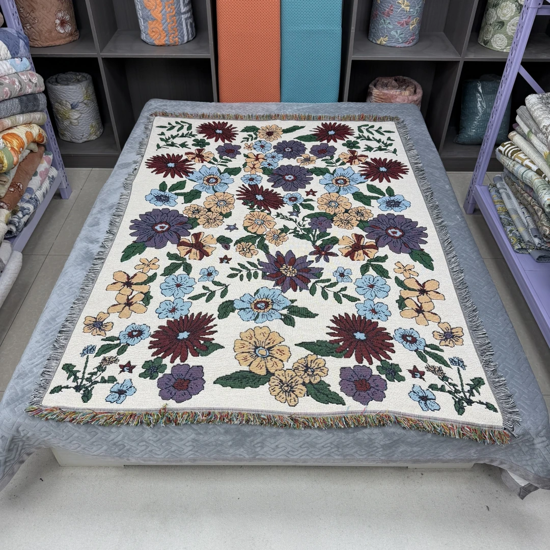 【微瑕】繁花似锦130*180cm+-5cm沙发垫编织提花汉麻直排沙发巾流苏