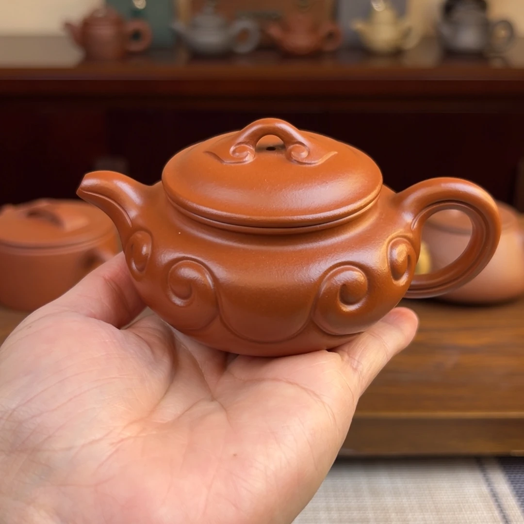 紫砂茶壶朱泥仿古如意全手150cc