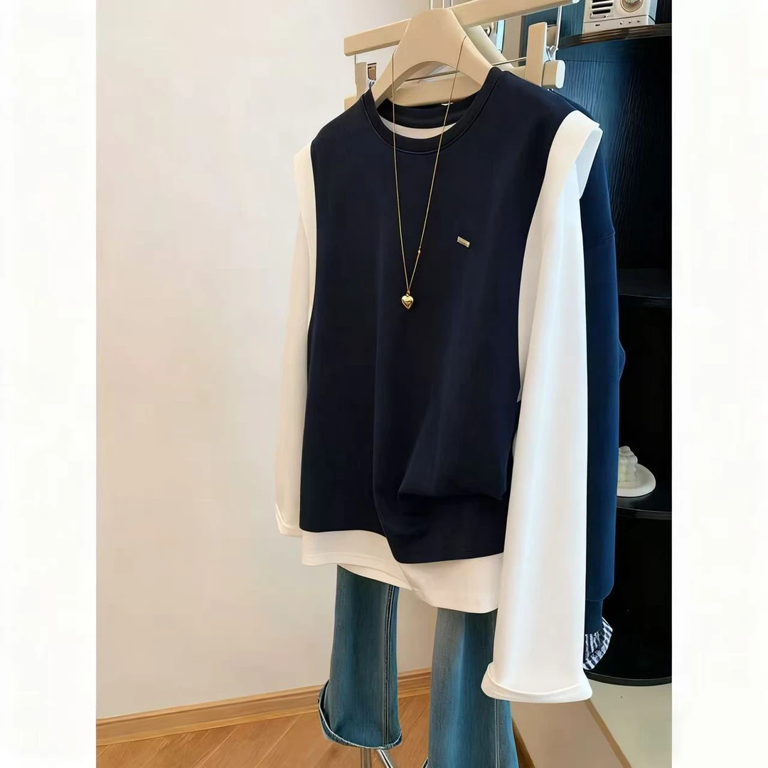 盼可欣240斤大码藏青色圆领撞色假两件长袖t恤女秋季韩系拼接上衣