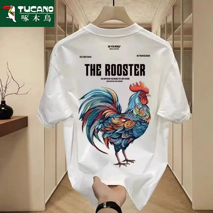 啄木鸟印花圆领短袖夏季日常圆点T恤休闲设计师百搭轻奢春夏男士