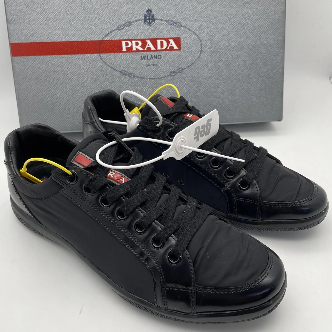95新 Prada/普拉达 40欧码/二手男款黑色布面拼皮面轻便休闲鞋