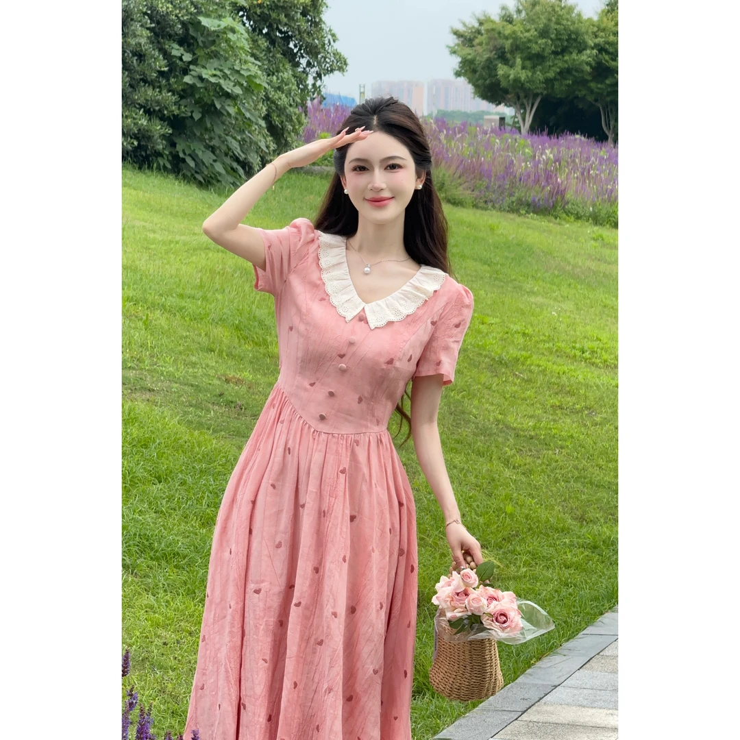 【草莓甜心】LiLi法式温柔风天丝刺绣爱心粉色连衣裙裙子XMZH7545