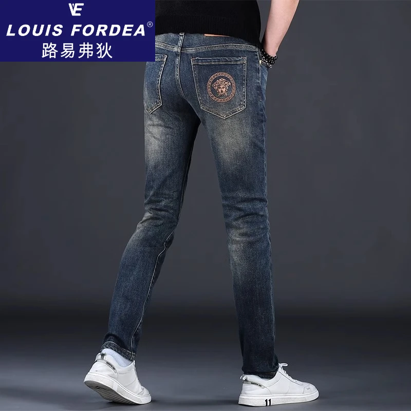 Louis Fordea/路易弗狄男士高档牛仔裤复古刺绣休闲裤子轻奢男装