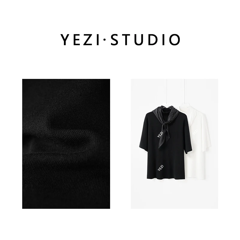 【山茶花】高支羊毛16针双面织真丝飘带优雅立领T恤针织衫25318016