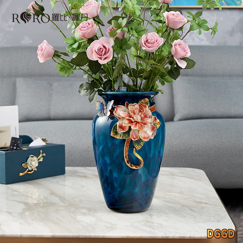日本高端罗比罗丹《绽放》花瓶小号蓝色珐琅彩工艺家居饰品摆件乔
