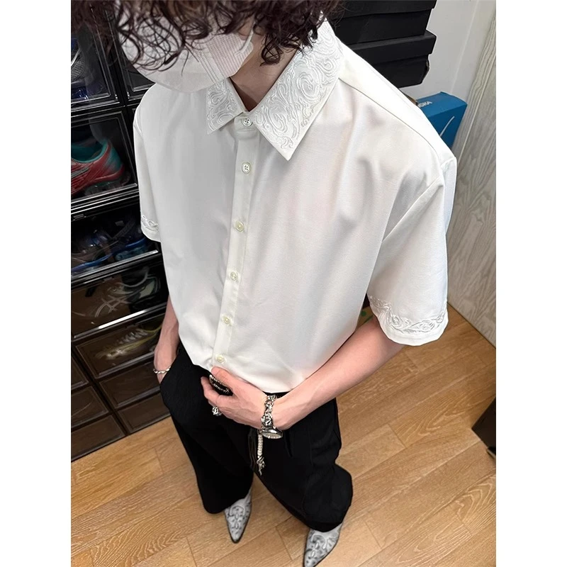 白色永生花刺绣短袖衬衫男款夏季高级感痞帅衬衣美式cleanfit外套