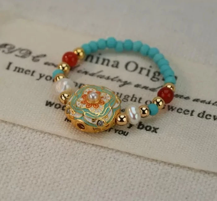 天然淡水珍珠气质复古绿松戒指中式复古撞色文艺风轻奢弹力丝S137