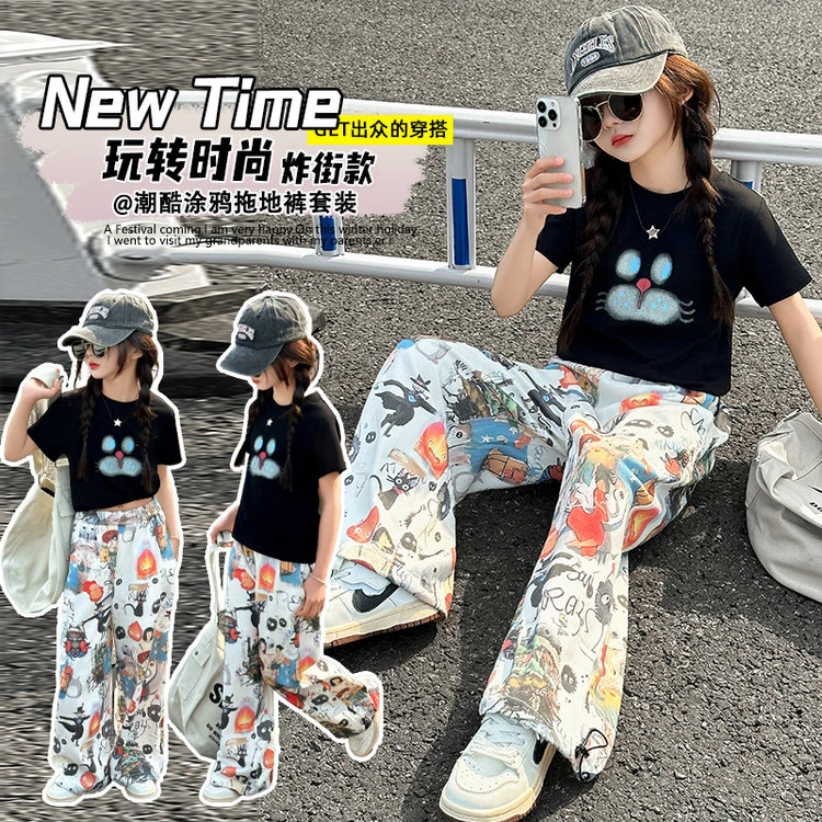 套装潮酷夏季印花女童中大童