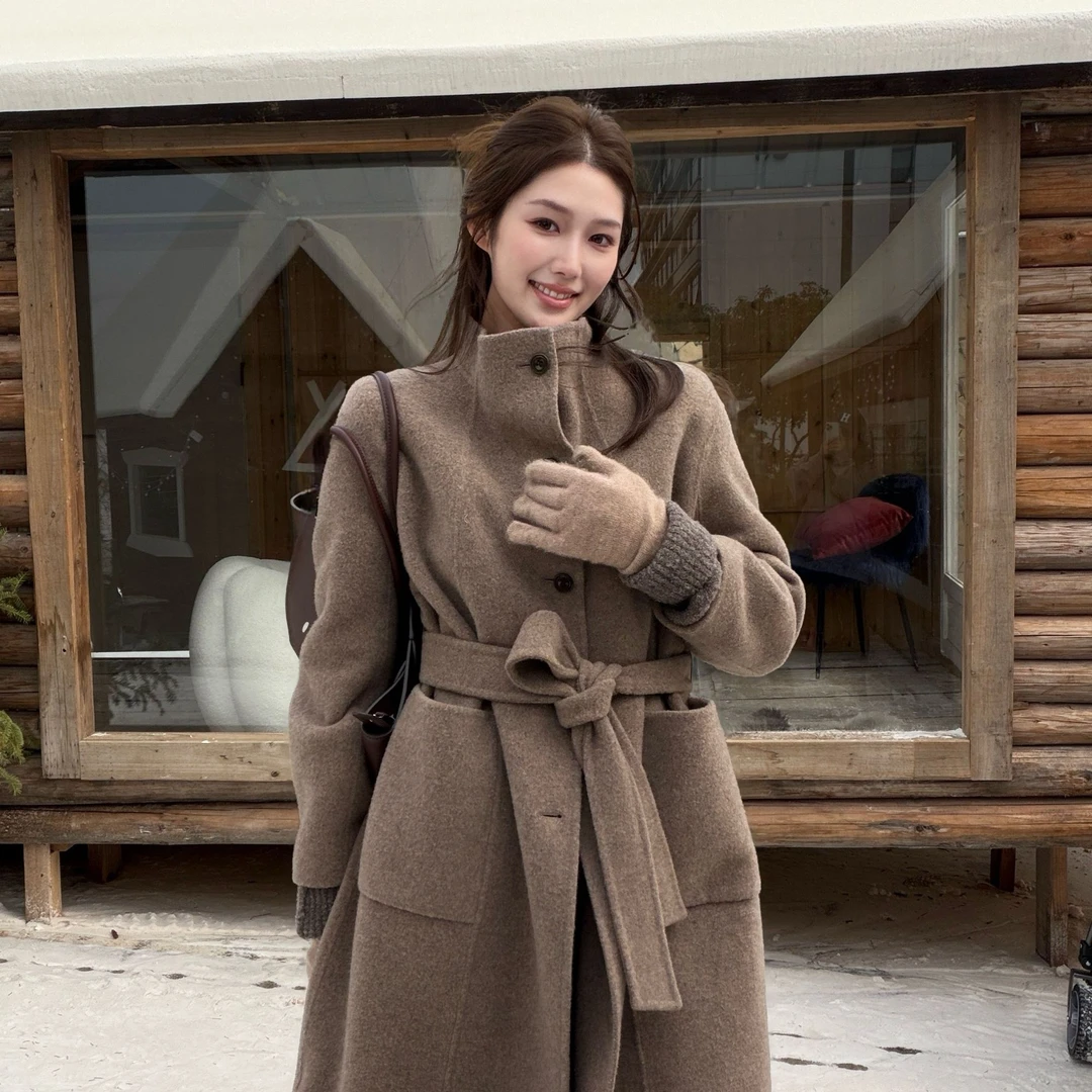 THEARENA“初冬软云”羊毛羊绒气质小立领长款大衣H689071