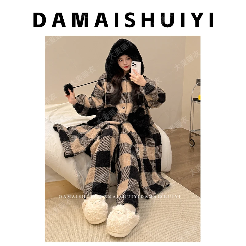 2025新款秋冬战袍加绒加厚睡衣女珊瑚绒家居服连帽套装可外穿