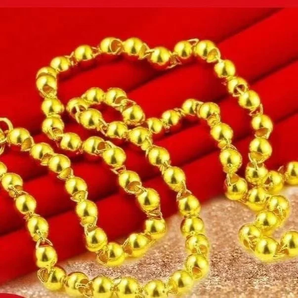 合金项链 男士手工简约经典镭射光珠项链　百搭时尚气质金色光面