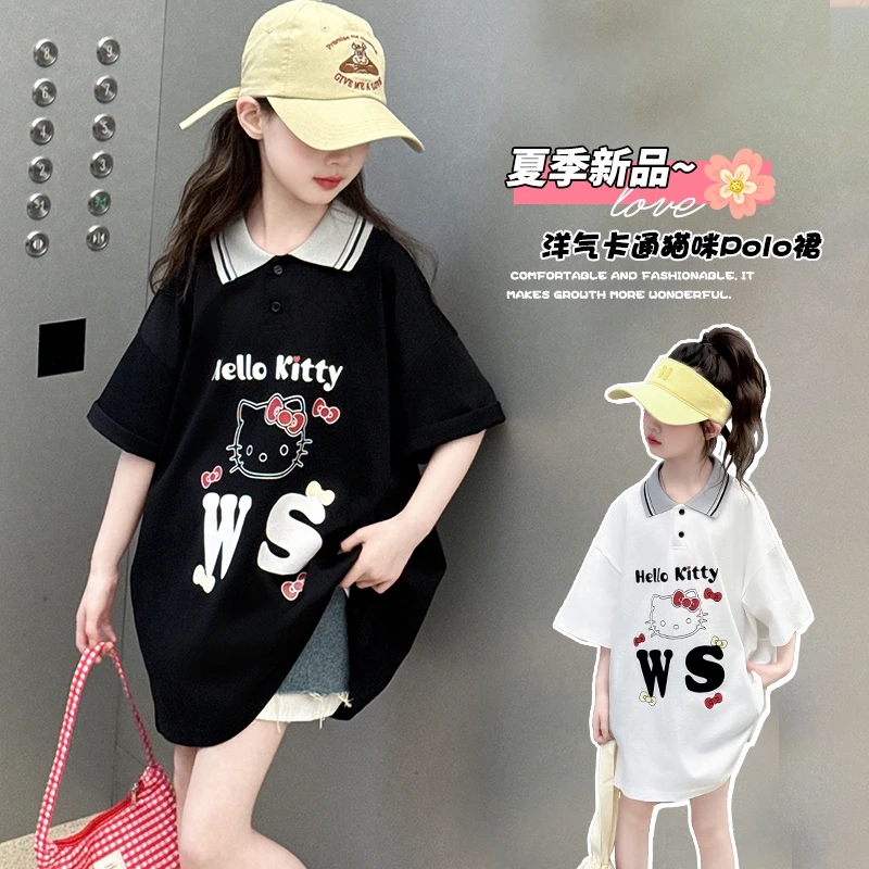 女童短袖t恤2025新款儿童夏季洋气POLO领女孩卡通宽松半袖长T上衣