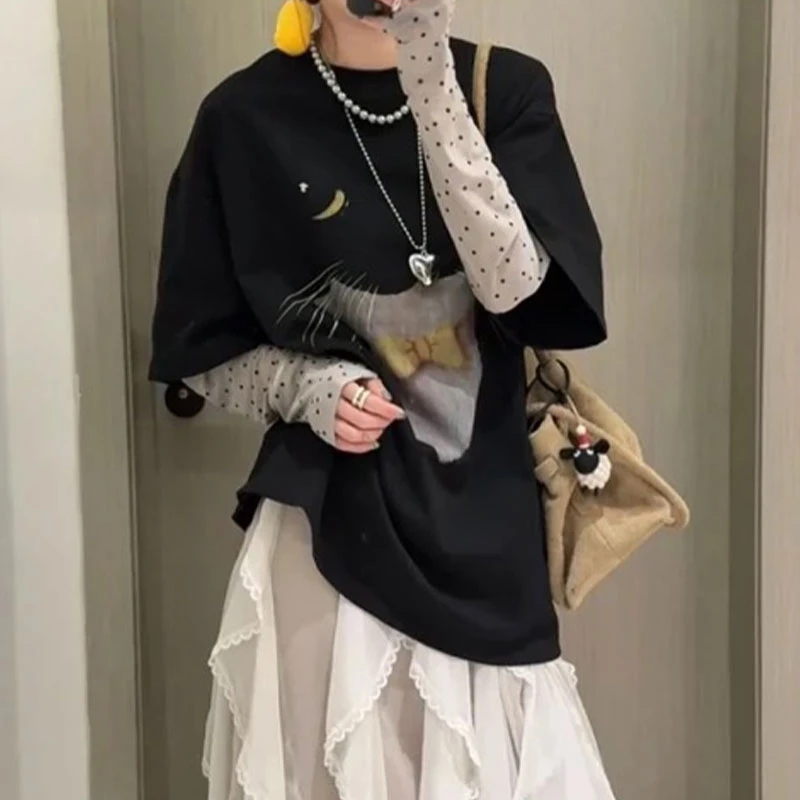 2025春季新款假两件波点拼接长袖T恤女休闲百搭设计感猫咪上衣潮
