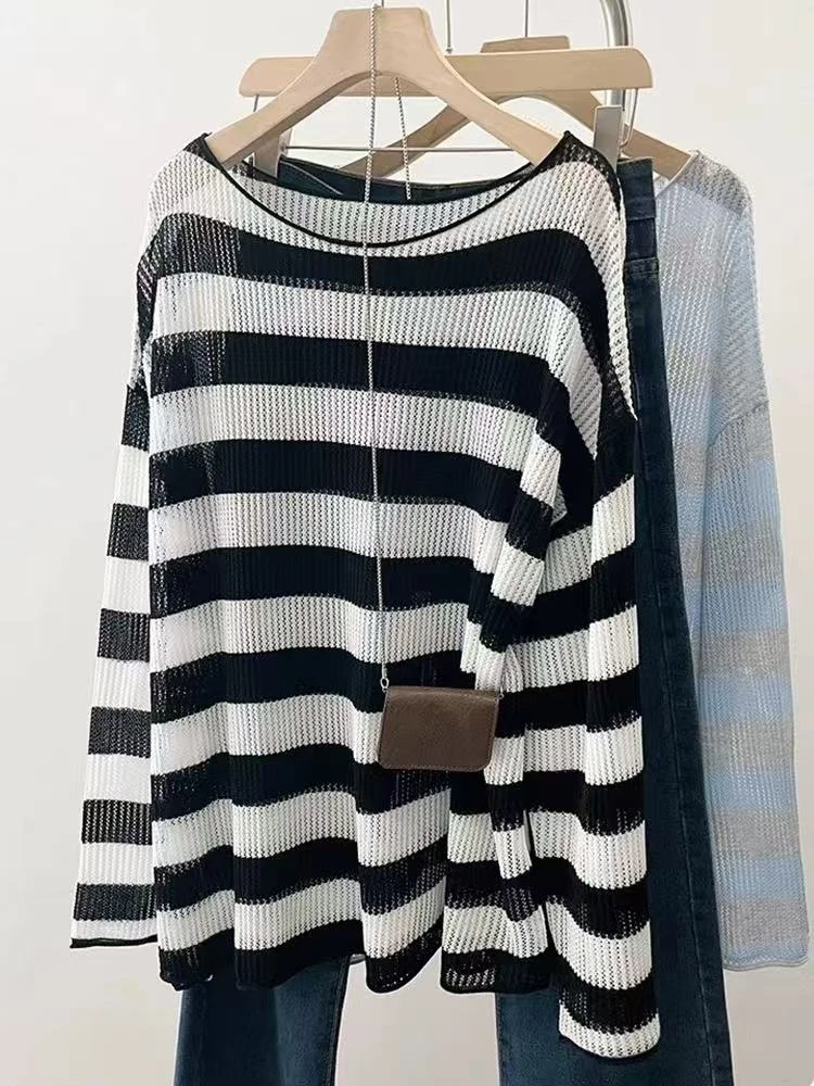 1563 GZ撞色条纹镂空冰丝长袖针织衫宽松露肩中长款吊带两件套